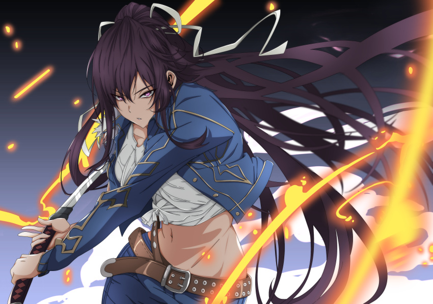 1girl, absurdres, belt, blue_jacket, blue_pants, commentary_request, fighting_stance, hair_between_eyes