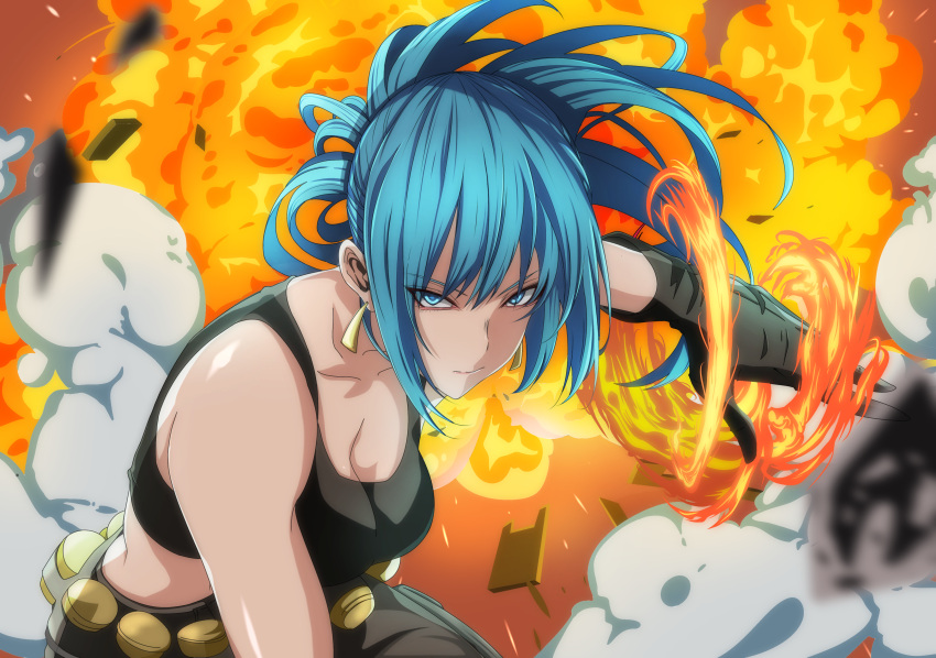 1girl, absurdres, bare_shoulders, black_gloves, blue_eyes, blue_hair, breasts, cleavage, commentary_request, crop_top, earrings, explosive, fighting_stance, fire, gloves, grenade, highres, jewelry, kappa_(moonsidekanade), leona_heidern, long_hair, looking_at_viewer, medium_breasts, midriff, ponytail, smoke, solo, tank_top, the_king_of_fighters, toned