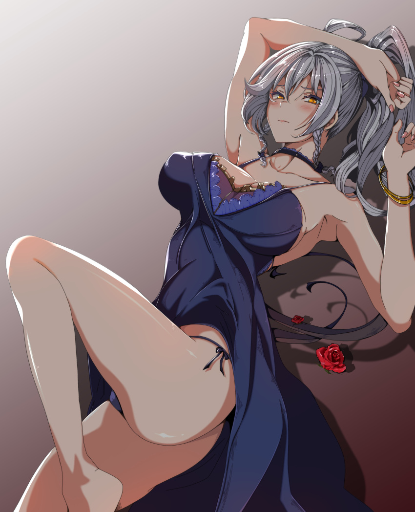 1girl, absurdres, alternate_costume, arms_up, bare_shoulders, blush, bracelet, braid