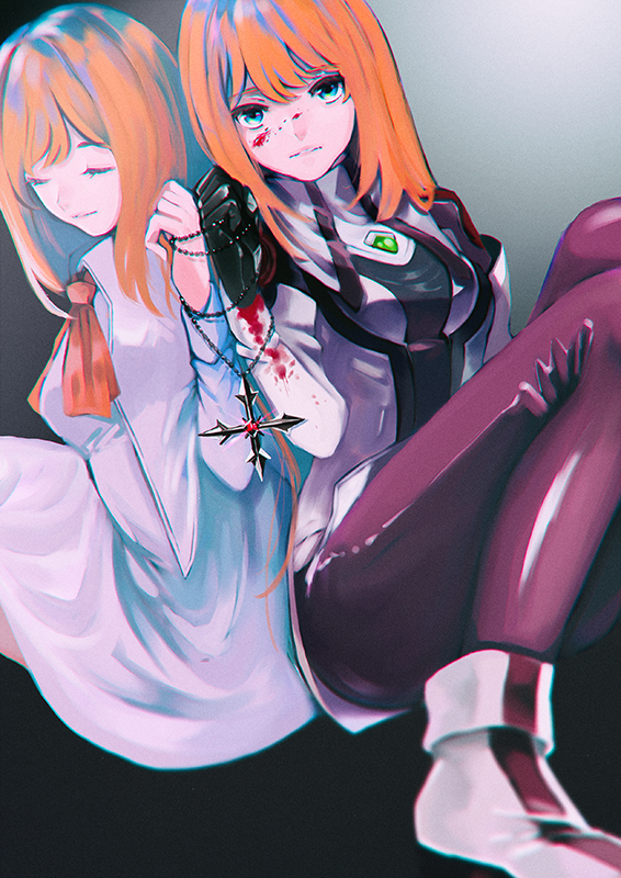 2girls, ankle_boots, ascot, bangs, black_gloves, blood, blood_on_face, bloody_clothes