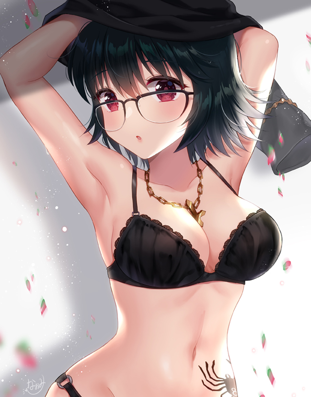 1girl, :o, armpits, arms_up, bangs, bare_arms, bare_shoulders, between_breasts