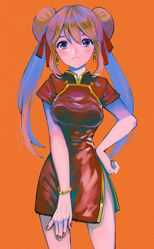 1girl, bangs, blue_eyes, bracelet, breasts, brown_hair, china_dress, chinese_clothes, closed_mouth, cowboy_shot, creatures_(company), double_bun, dress, earrings, fingernails, frown, game_freak, hair_between_eyes, hair_ribbon, hand_on_hip, jewelry, legs_apart, long_hair, looking_at_viewer, medium_breasts, mei_(pokemon), nail_polish, nintendo, orange_background, pokemon, pokemon_special, red_dress, red_nails, red_ribbon, ribbon, rosa_(pokemon), shioaji_(siolog), short_sleeves, side_slit, sidelocks, solo, twintails, whi-two_(pokemon)