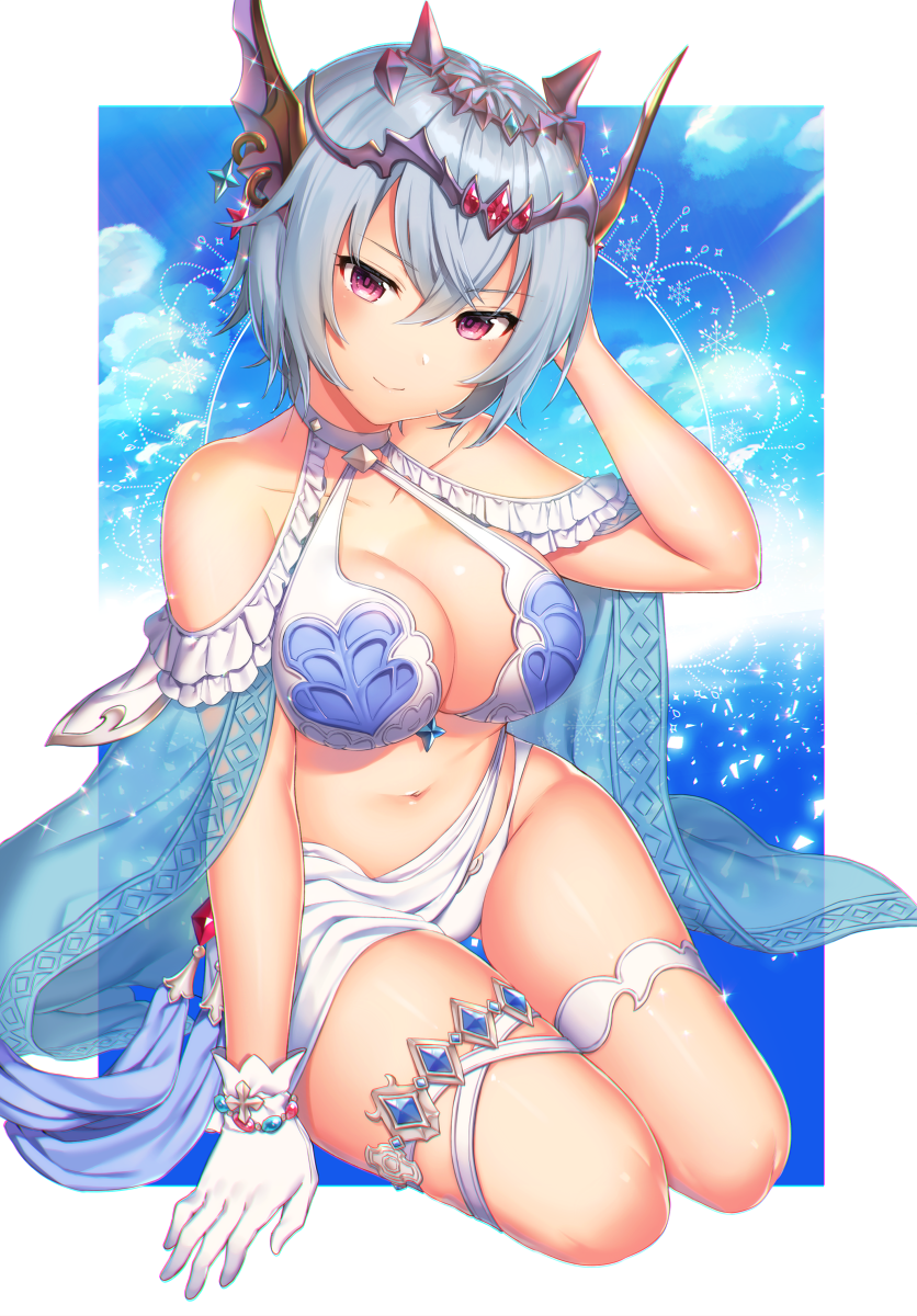 1girl, bangs, bare_shoulders, bikini, blue_hair, blue_sky, blush, border