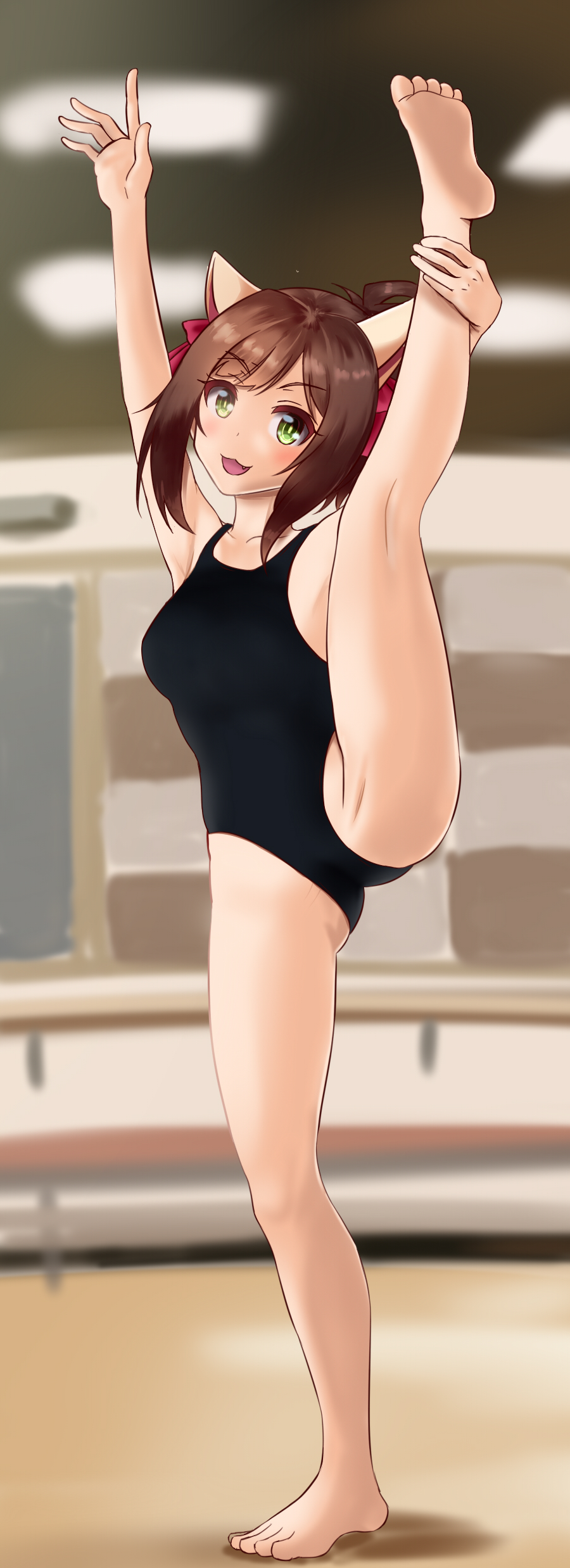 1girl, :3, absurdres, animal_ears, balance_bar, barefoot, black_leotard, blurry