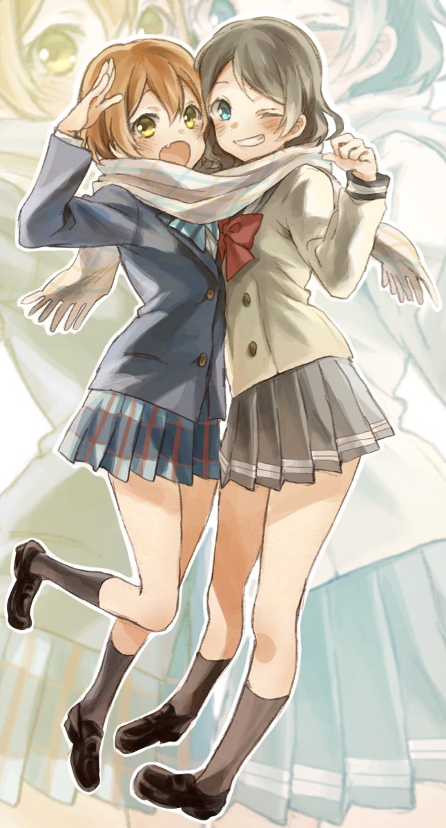 2girls, :d, black_footwear, black_legwear, blazer, blue_eyes, blue_neckwear, blue_skirt