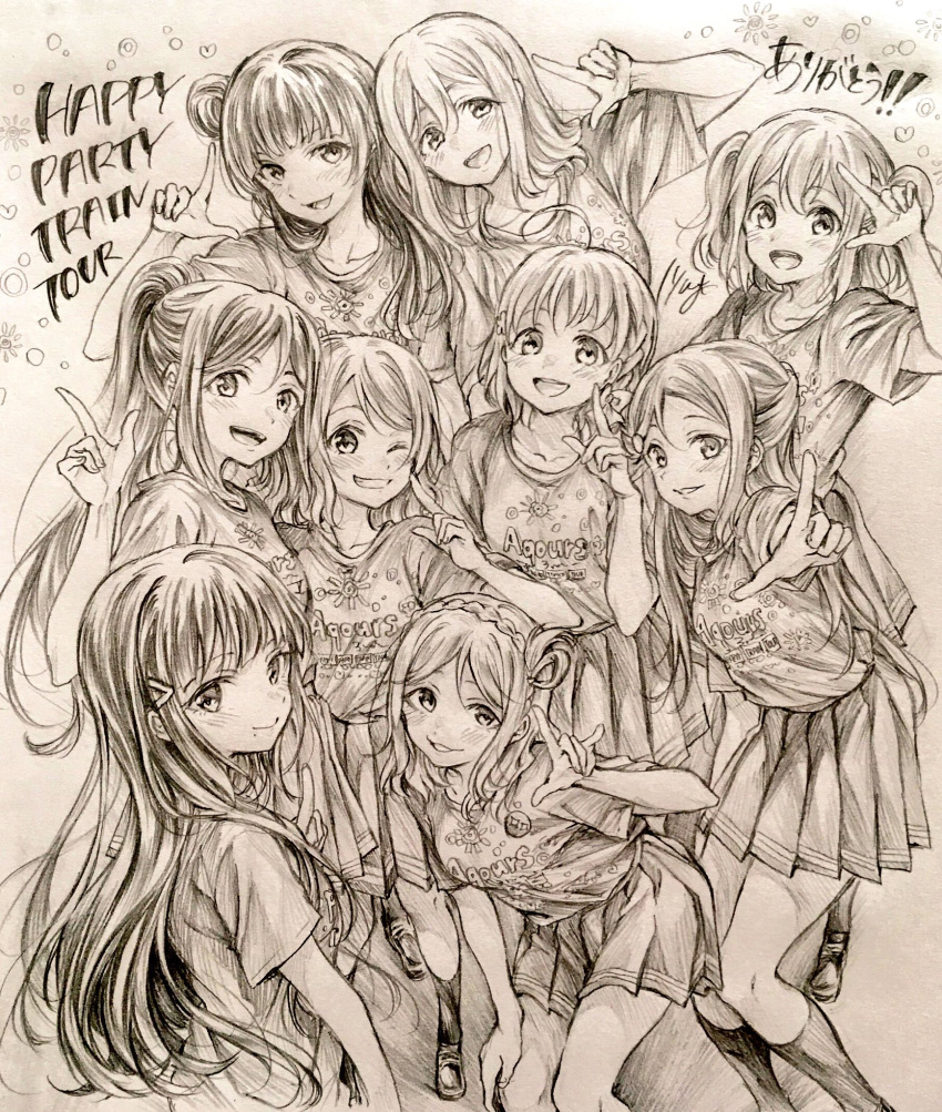 6+girls, :d, ahoge, aida_rikako, bangs, blush, bow, braid