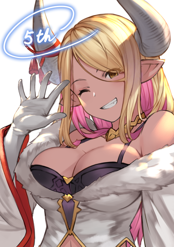bare_shoulders, blonde_hair, bra, braid, breasts, brown_eyes, cleavage, eyes_visible_through_hair, fur_trim, gloves, granblue_fantasy, grin, horn_ribbon, horns, kuvira_(granblue_fantasy), large_breasts, lialight, long_sleeves, multicolored_hair, navel, one_eye_closed, pink_hair, pointy_ears, ribbon, simple_background, smile, two-tone_hair, underwear, white_background