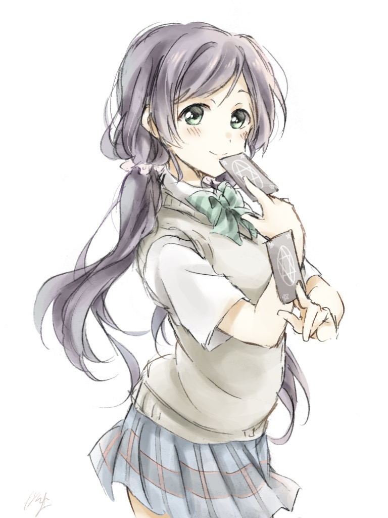 1girl, between_fingers, blue_skirt, blush, bow, bowtie, card, green_eyes