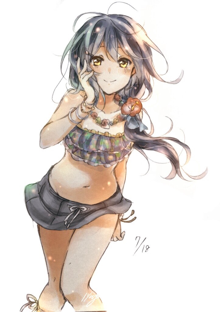 1girl, bangs, bikini, bikini_skirt, blue_hair, blush, bracelet, closed_mouth