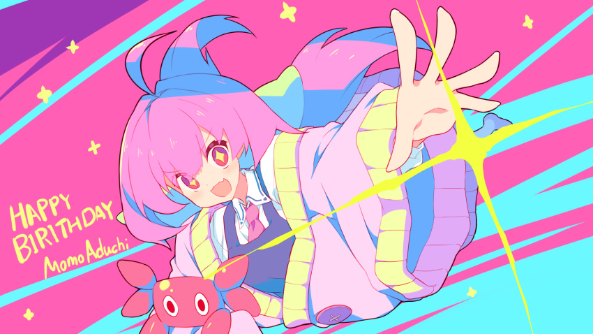 1girl, ahoge, azuchi_momo, bangs, blush, bow, character_name, commentary