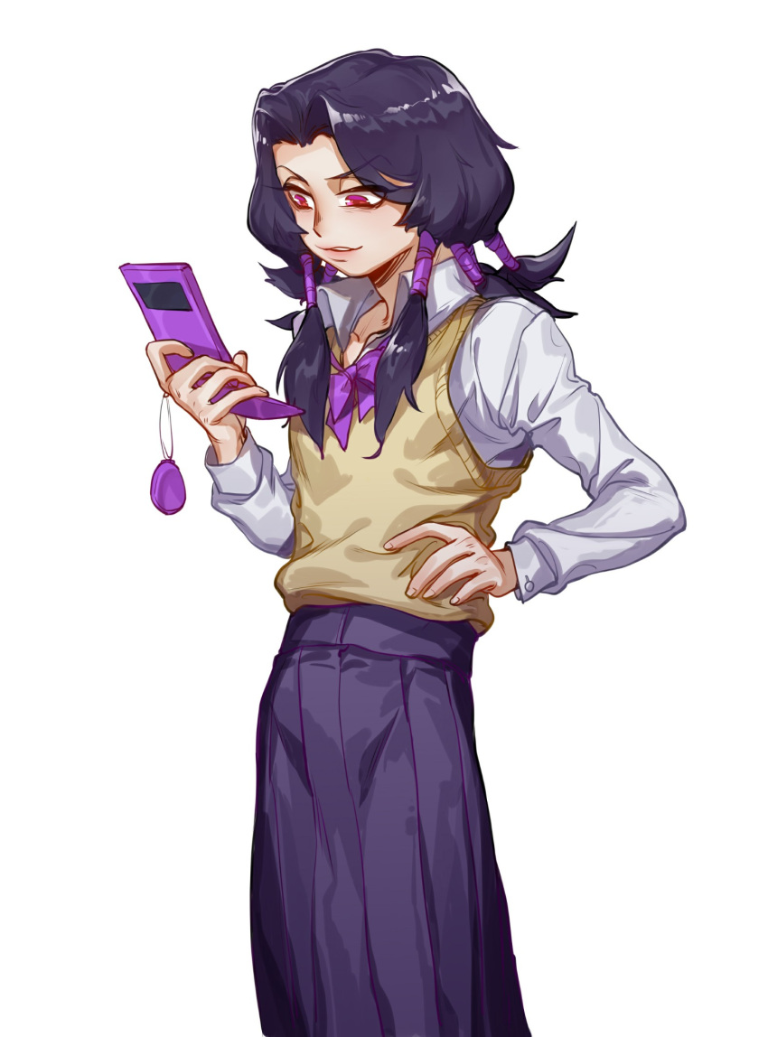 1boy, black_hair, cellphone, cellphone_charm, crossdressinging, flip_phone, hand_on_hip, hex_tails