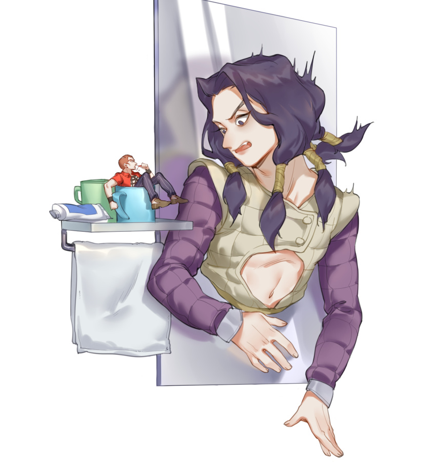 2boys, bathroom, black_hair, brushing_teeth, formaggio, hex_tails, highres, illuso
