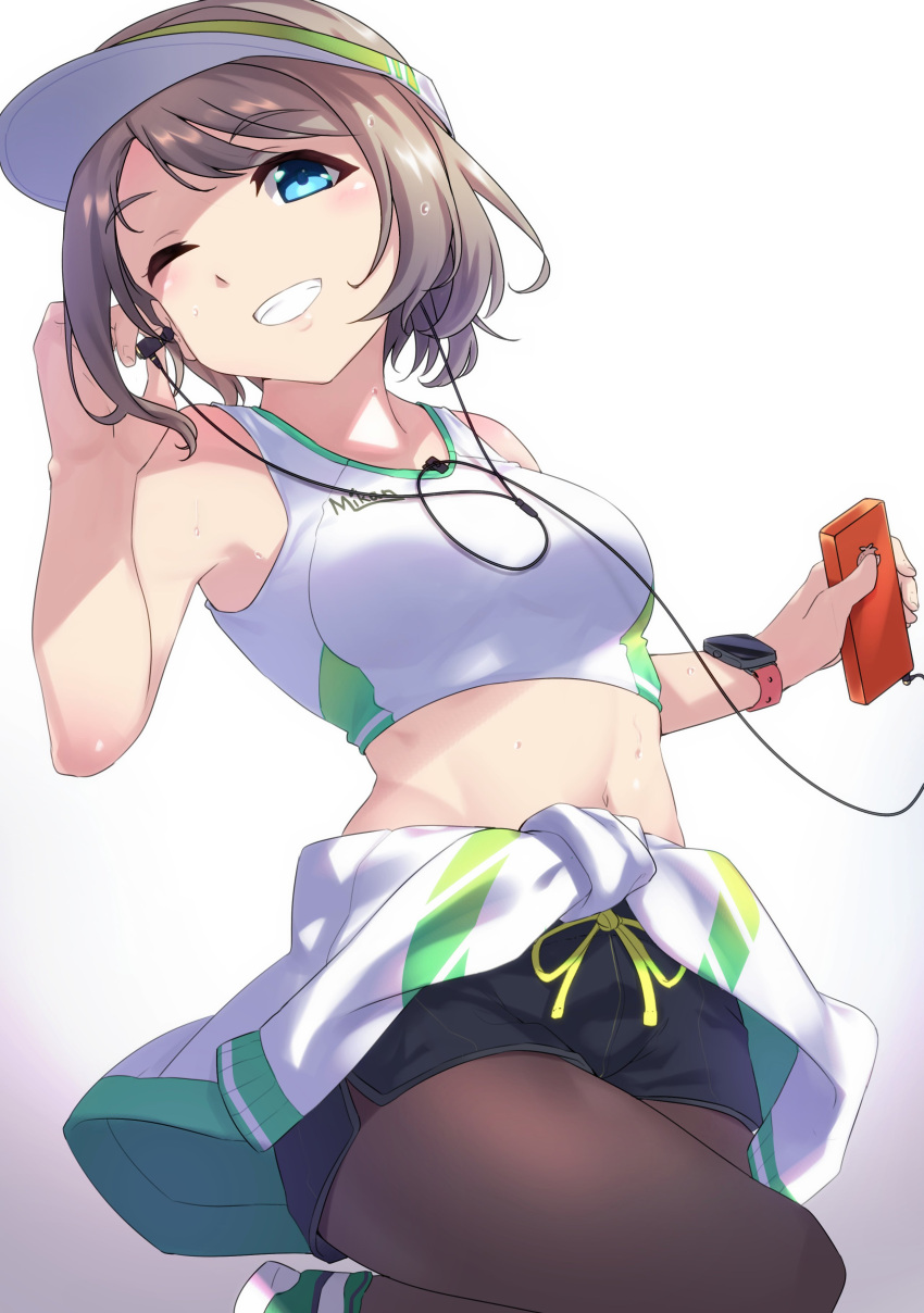1girl, absurdres, adjusting_earphones, apple_inc., black_legwear, black_shorts, blue_eyes, cellphone, clothes_around_waist, commentary_request, crop_top, drawstring, grey_hair, grin, highres, holding, holding_phone, jacket_around_waist, legwear_under_shorts, looking_at_viewer, love_live!, love_live!_sunshine!!, midriff, navel, one_eye_closed, pantyhose, phone, short_hair, short_shorts, shorts, smartphone, smile, solo, sweat, visor_cap, watanabe_you, watch, watch, yamaori_(yamaorimon)