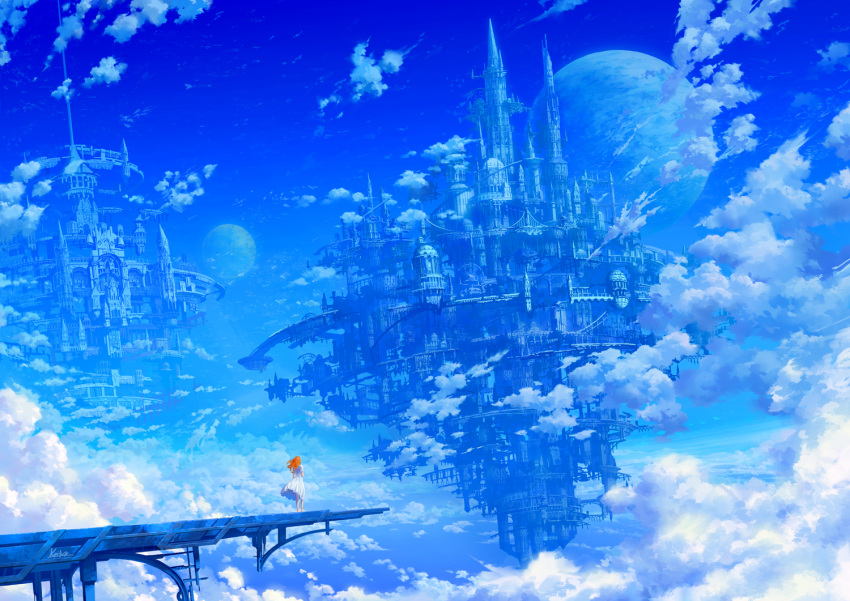 1girl, blue_sky, blue_theme, castle, clouds, cloudy_sky, day, dress, facing_away, graphite_(medium), kaitan, medium_hair, orange_hair, original, planet, scenery, short_sleeves, sky, solo, standing, traditional_media, walkway, white_dress