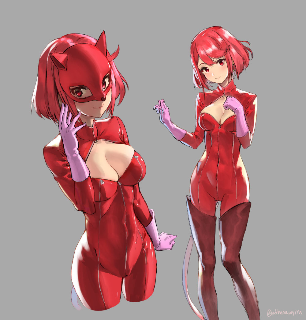 1girl, athenawyrm, atlus, bob_cut, boots, breasts, cleavage, cleavage_cutout