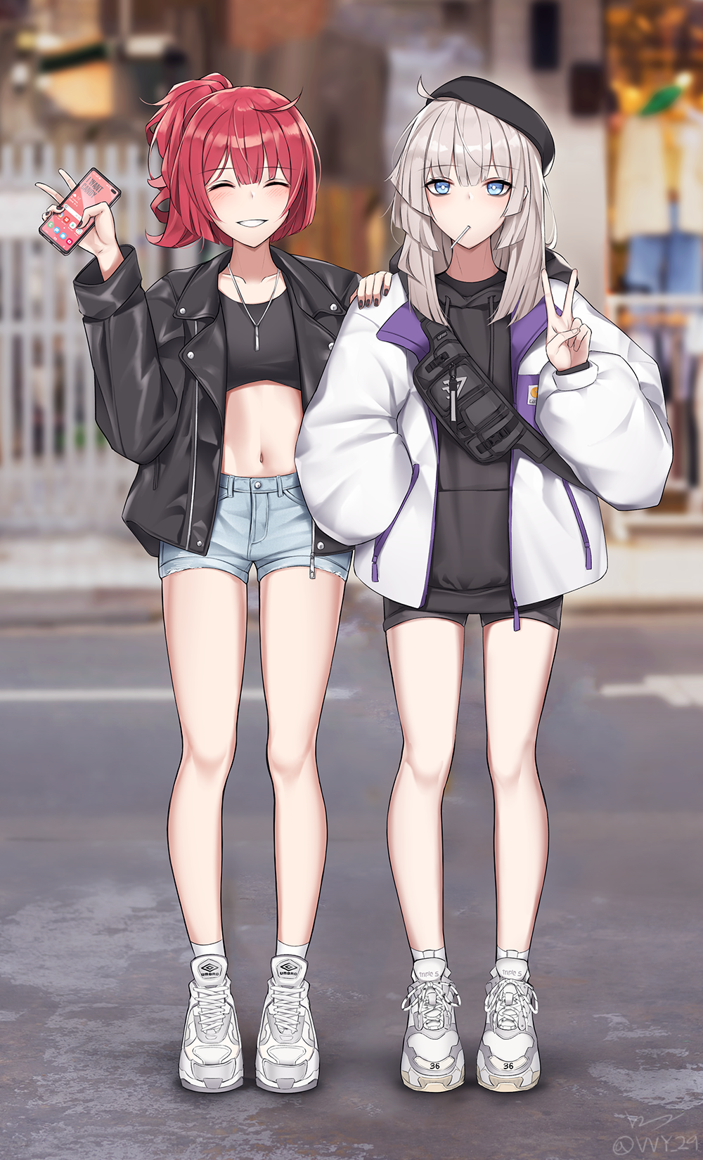 2girls, aa-12_(girls_frontline), ahoge, alternate_costume, bangs, bare_legs, beret, bike_shorts