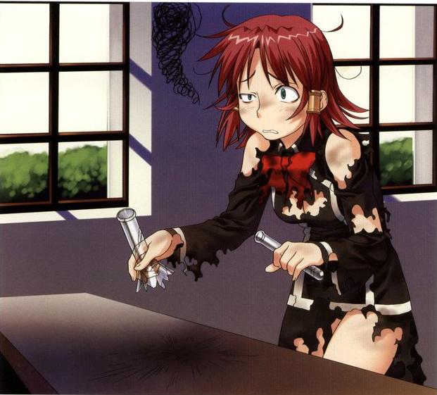 explosion, failure, flask, green_eyes, messy_hair, quiz_magic_academy, red_hair, redhead