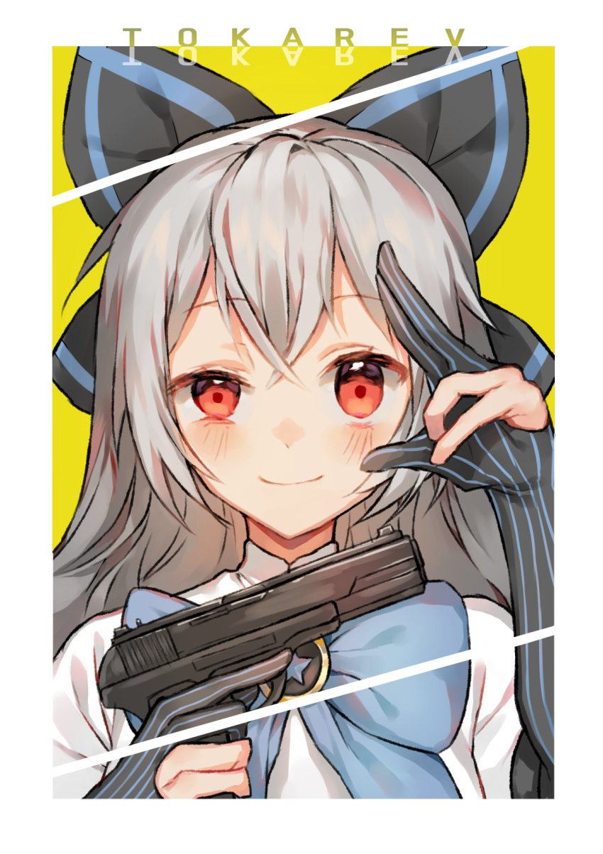 1girl, black_bow, blue_bow, blue_stripes, blush, bow, brooch, character_name