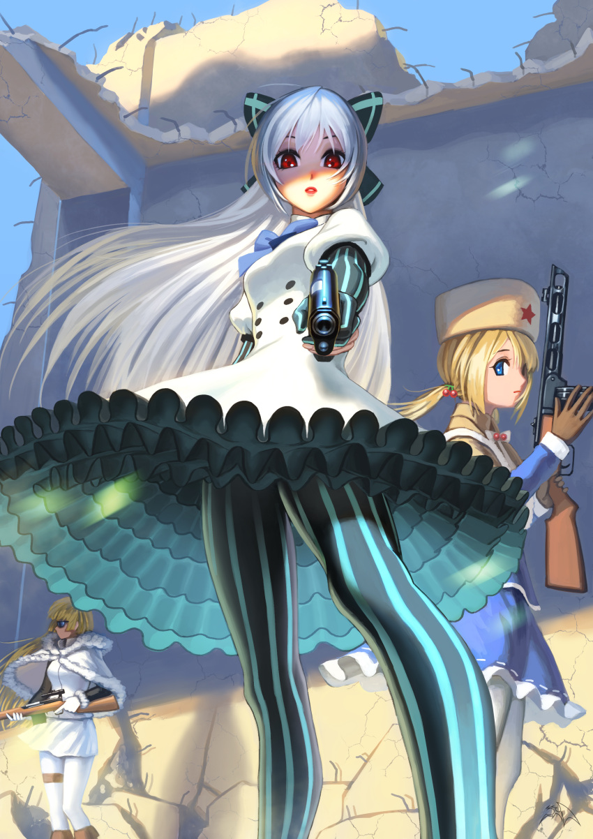 3girls, absurdres, black_bow, blonde_hair, blue_bow, blue_eyes, blue_legwear, blue_sky, blue_stripes, bow, capelet, cherry_hair_ornament, cracked_wall, darkmuleth, day, dress, elbow_gloves, eyelashes, food_themed_hair_ornament, frilled_dress, frills, from_below, fur-trimmed_capelet, fur_hat, fur_trim, girls_frontline, gloves, gradient_legwear, gun, hair_bow, hair_ornament, handgun, hat, highres, holding, holding_gun, holding_weapon, juliet_sleeves, legs, lips, lipstick, long_hair, long_sleeves, looking_at_viewer, makeup, multiple_girls, pantyhose, parted_lips, partly_fingerless_gloves, pistol, pointing_weapon, ponytail, ppsh-41, ppsh-41_(girls_frontline), puffy_sleeves, rebar, red_eyes, rifle, ruffled_dress, ruins, shawl, short_sleeves, silver_hair, sky, striped, striped_legwear, submachine_gun, sunglasses, svt-38, svt-38_(girls_frontline), thighs, tokarev_(girls_frontline), tokarev_tt-33, ushanka, vertical-striped_gloves, vertical-striped_legwear, vertical_stripes, very_long_hair, weapon, white_dress, white_legwear