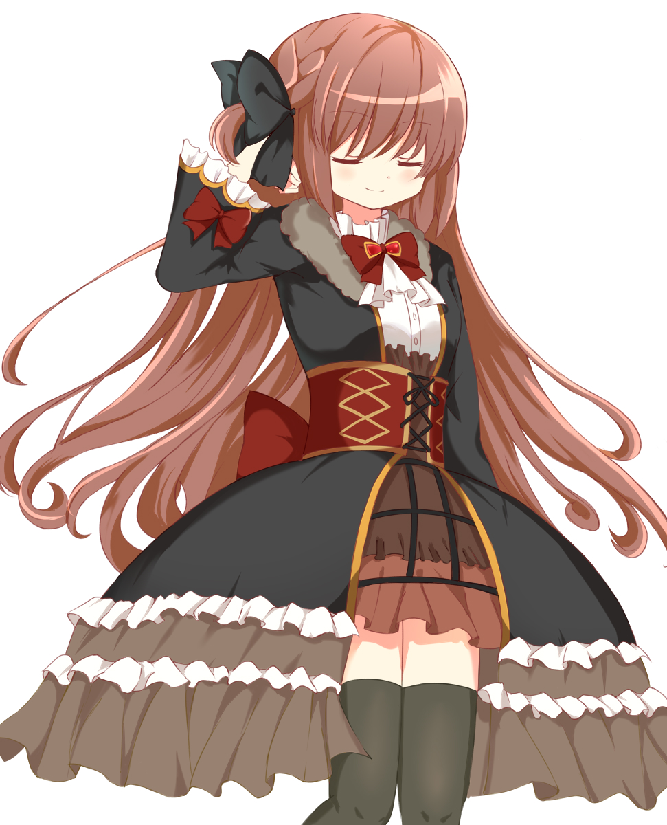 1girl, arm_up, black_legwear, braid, brown_hair, closed_eyes, frilled_skirt, frills