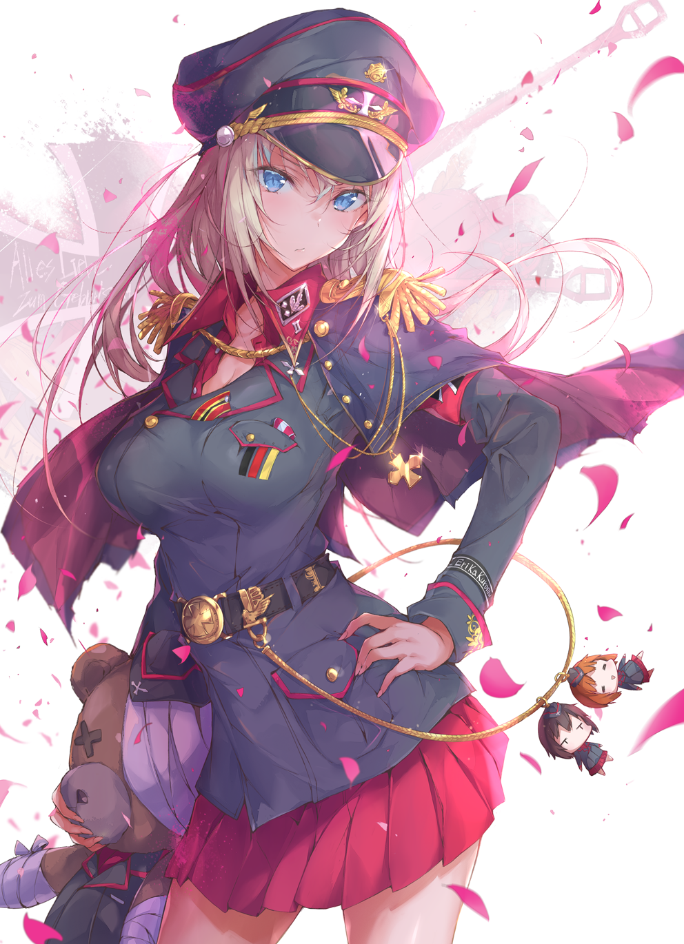 1girl, adapted_uniform, aiguillette, armband, bandaid, bangs, belt, belt_buckle