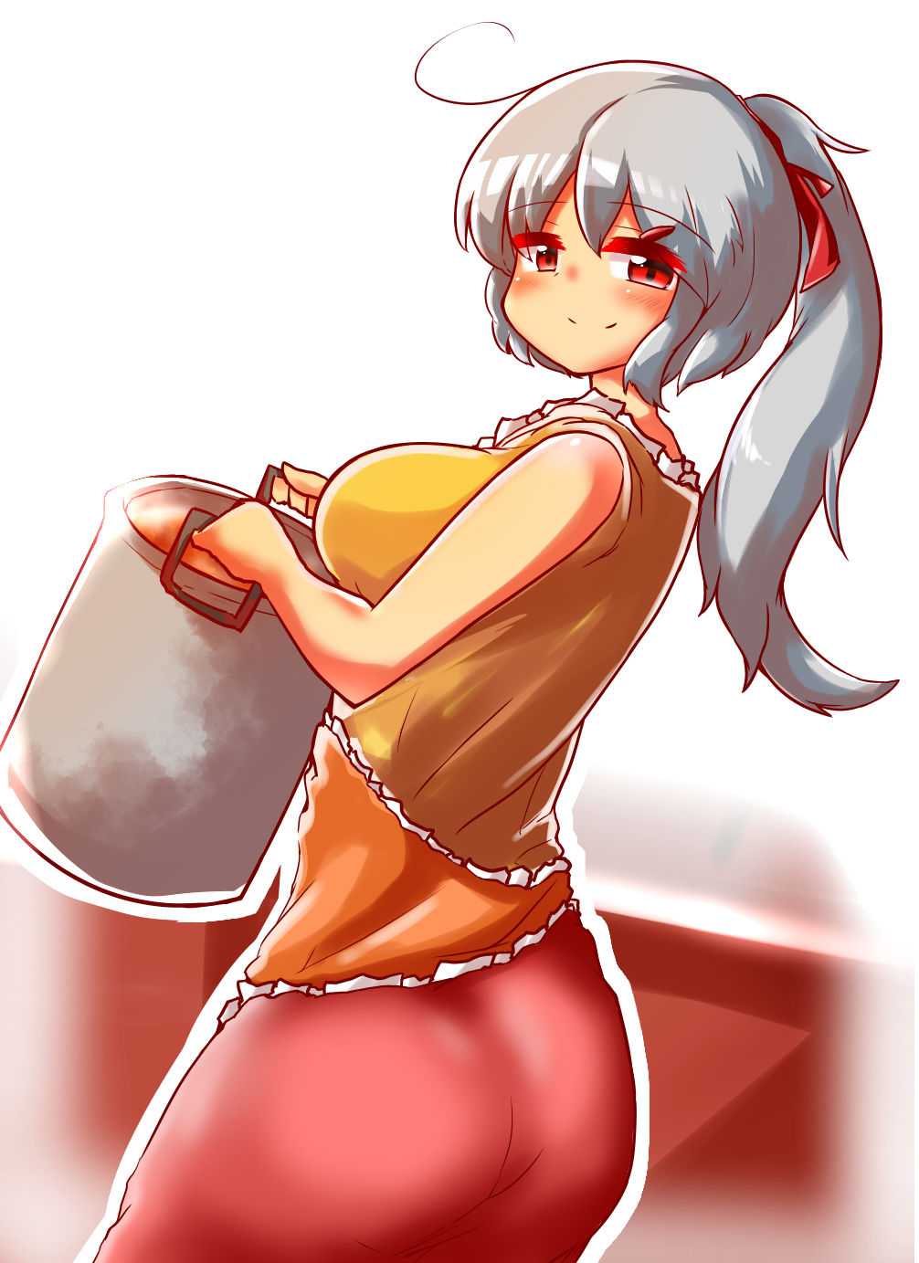 1girl, alternate_hairstyle, ass, bangs, bare_arms, blush, breasts, commentary_request