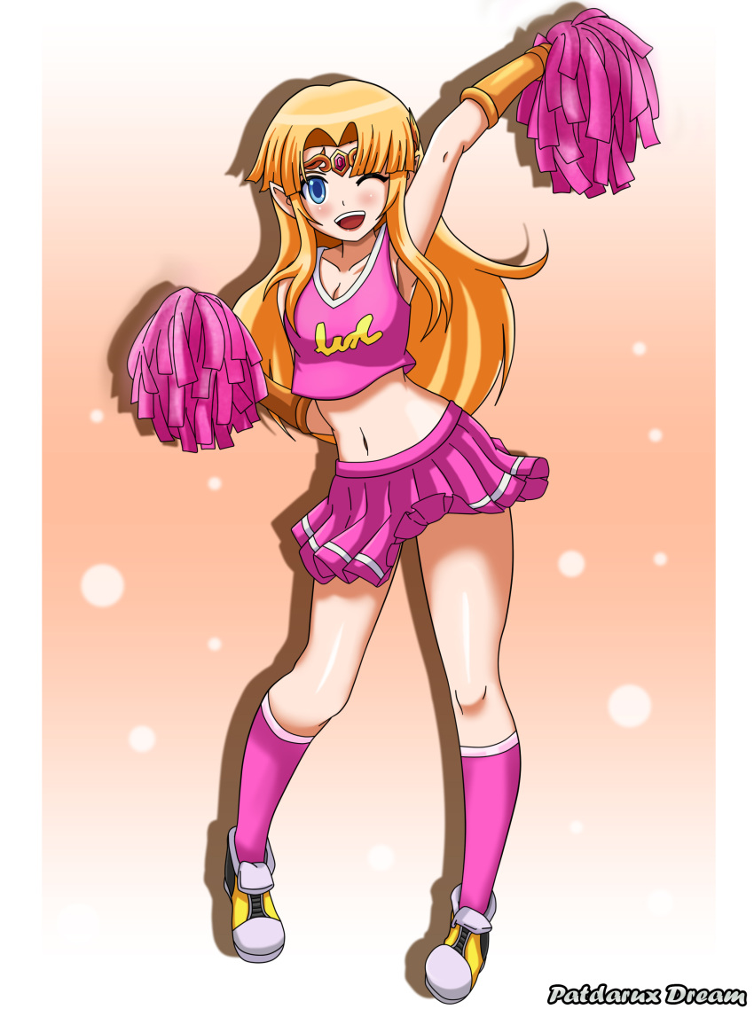 1girl, absurdres, blonde_hair, blue_eyes, bracelet, breasts, cheerleader, circlet, cleavage, commission, full_body, gold_bracelet, highres, jewelry, long_hair, medium_breasts, midriff, miniskirt, navel, nintendo, one_eye_closed, orange_background, patdarux, pink_legwear, pink_pom_poms, pink_skirt, pink_tank_top, pointy_ears, pom_poms, princess_zelda, shirt, shoes, skirt, sleeveless, sleeveless_shirt, smile, socks, solo, super_smash_bros., tank_top, the_legend_of_zelda, the_legend_of_zelda:_a_link_to_the_past, the_legend_of_zelda:_tri_force_heroes, yellow_footwear