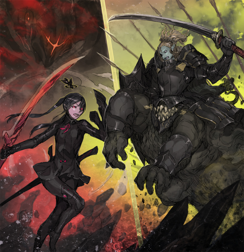 2girls, :o, adela_the_beast, battle, black_armor, black_hair, black_legwear, black_pants