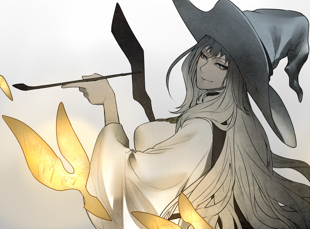 gradient_hair, grey_eyes, grey_hat, hat, izayoi04, kiseru, long_hair, looking_at_viewer, miracera_master_of_the_magic_institute, multicolored_hair, pipe, pixiv_fantasia_last_saga, simple_background, smirk, staff, upper_body, white_hair, wide_sleeves, wizard_hat