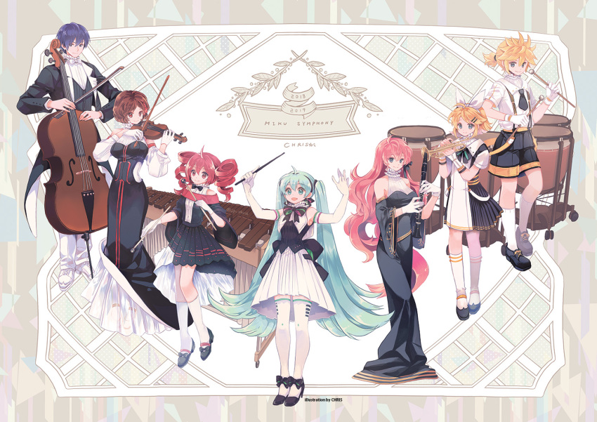 2018, 2019, 2boys, 5girls, :d, artist_name, baton_(instrument), black_ribbon