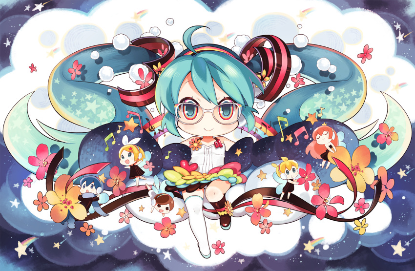 2boys, 4girls, :>, :d, :o, ^_^, beamed_eighth_notes, blonde_hair, blue_hair, brown_hair, butterfly_wings, chibi, closed_eyes, closed_eyes, clouds, colorful, commentary_request, eighth_note, eyebrows_visible_through_hair, flat_sign, flower, full_body, glasses, happy, hatsune_miku, headphones, kagamine_len, kagamine_rin, kaito, long_hair, mao_yu, megurine_luka, meiko, multicolored, multicolored_eyes, multiple_boys, multiple_girls, musical_note, no_nose, open_mouth, orange_flower, pink_hair, quarter_note, rainbow, red_flower, shooting_star, sky, smile, star, star_(sky), starry_sky, treble_clef, twintails, very_long_hair, vocaloid, wings
