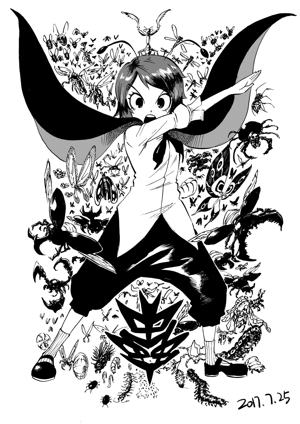 1girl, angry, antennae, bee, black_footwear, blackcat_(pixiv), bug, butterfly