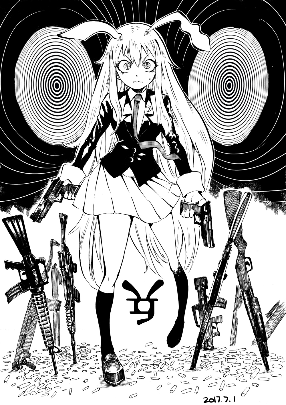 1girl, animal_ears, assault_rifle, bare_legs, black_legwear, blackcat_(pixiv), blazer, collared_shirt