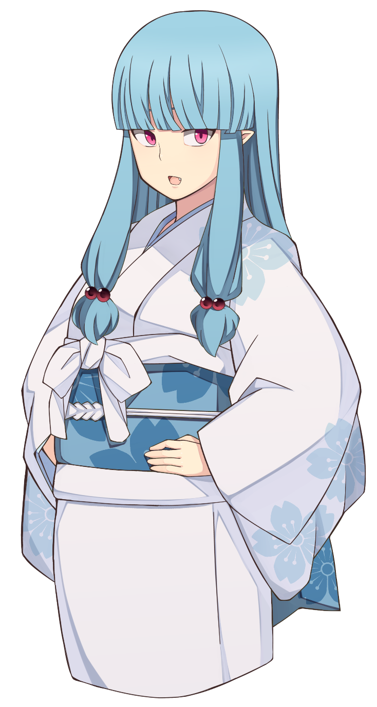 1girl, bangs, blue_hair, blunt_bangs, bobbles, commentary_request, fang, hair_ornament