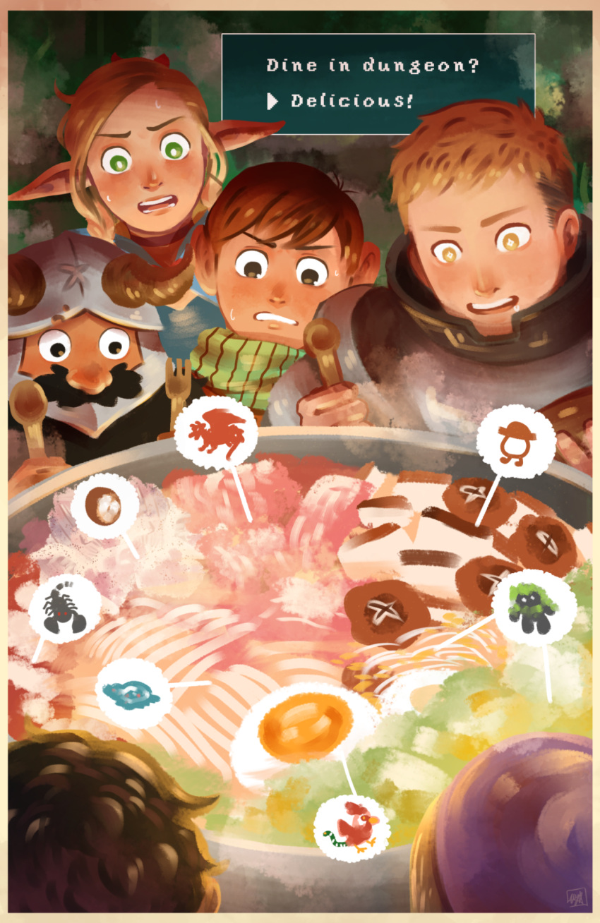 1girl, 3boys, armor, beard, chilchuck, cockatrice, dungeon_meshi, dwarf