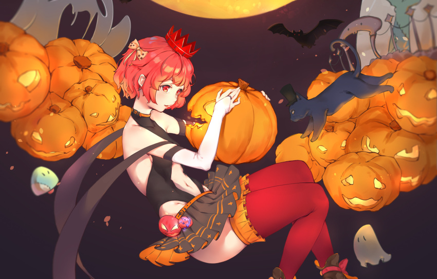 1girl, bare_shoulders, bat, black_cat, black_hat, black_skirt, boots, bow