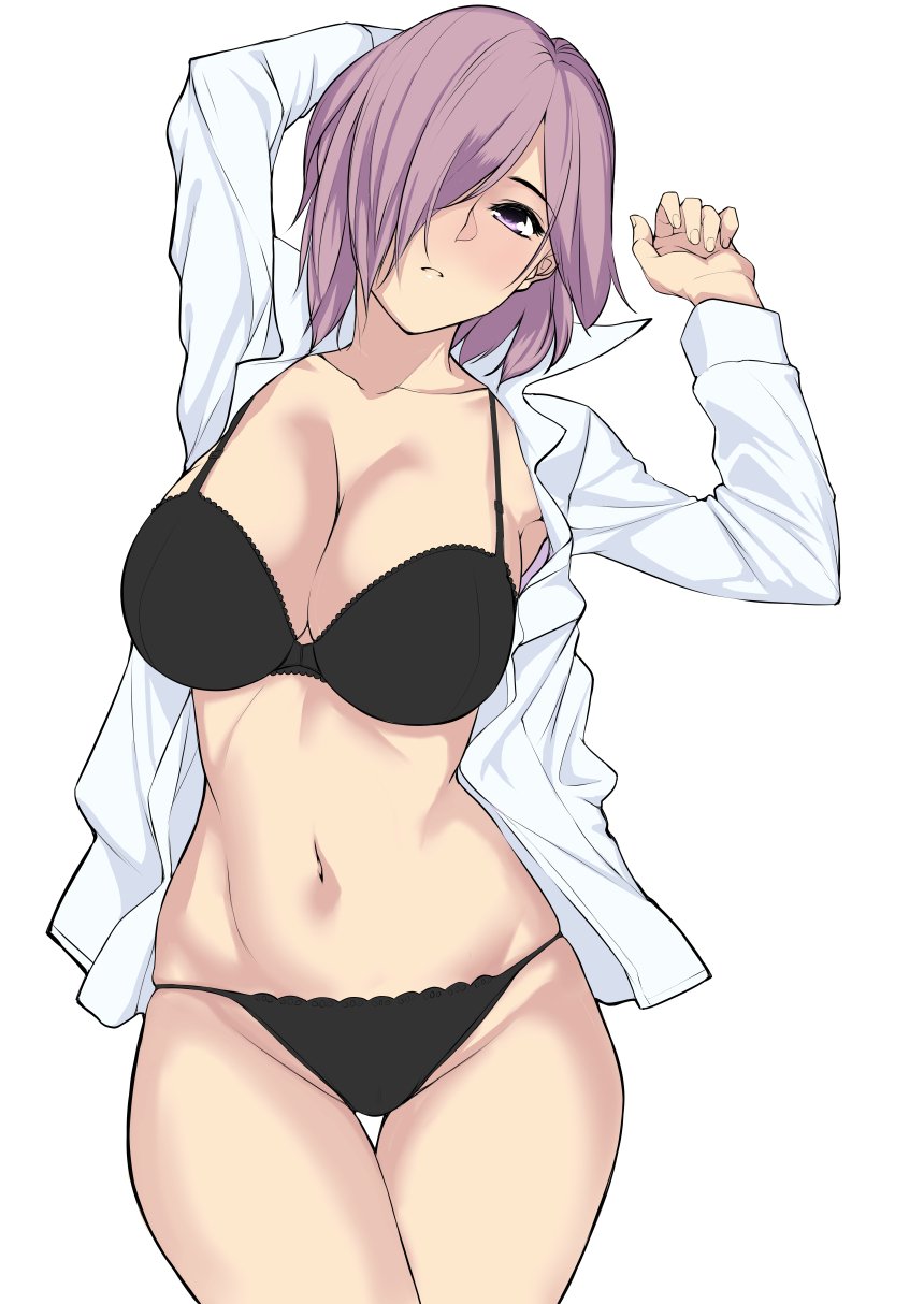 1girl, black_bra, black_panties, bra, breasts, cleavage, collared_shirt, commentary_request