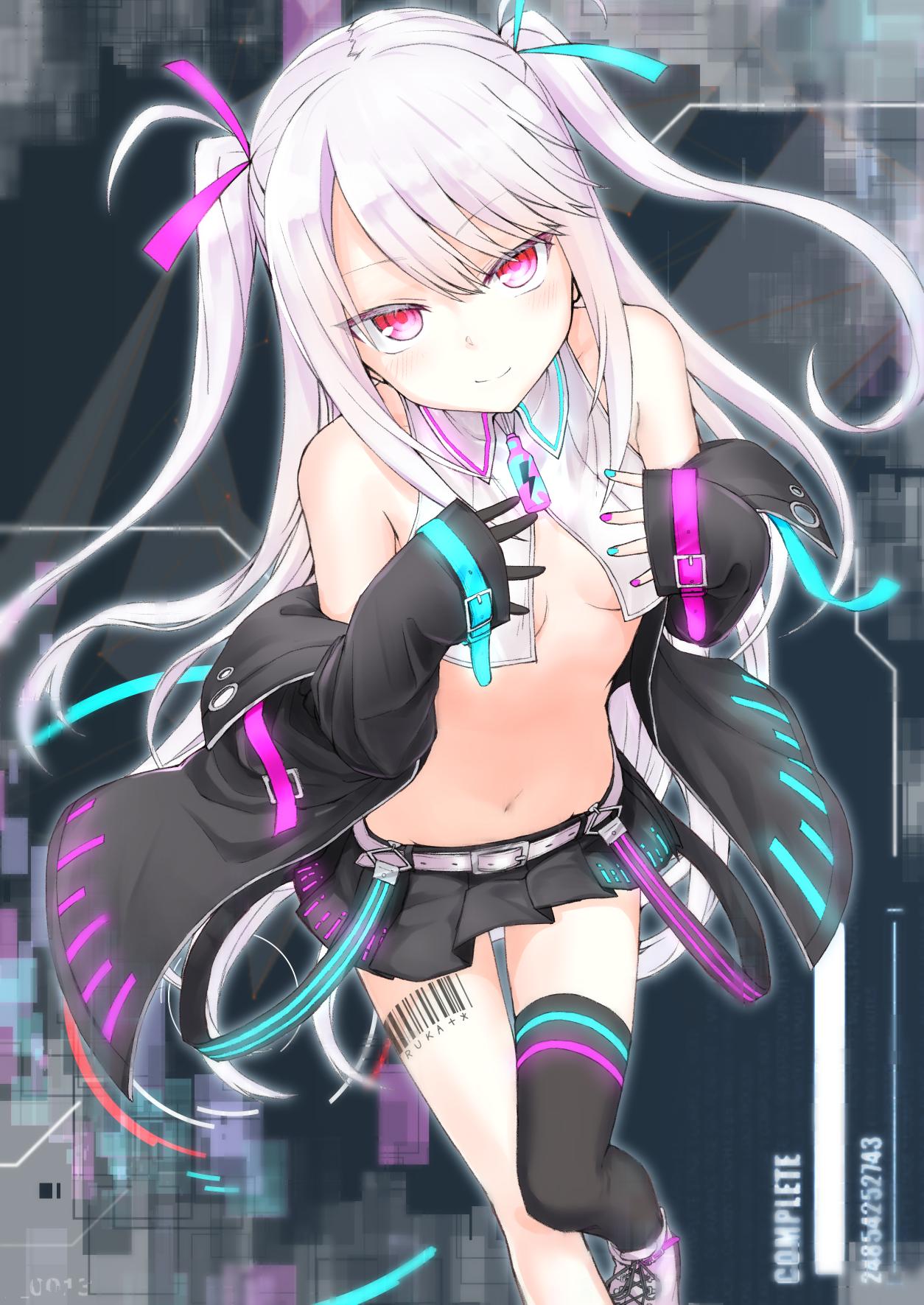 1girl, aqua_nails, bangs, barcode_tattoo, bare_shoulders, belt, black_coat, black_gloves, black_legwear, black_skirt, breasts, breasts_apart, closed_mouth, coat, collared_shirt, commentary_request, crop_top, floating_hair, gloves, hair_ribbon, highres, kawashin_hidesuke, lightning_bolt, long_hair, long_sleeves, looking_at_viewer, looking_up, midriff, miniskirt, multicolored, multicolored_nails, nail_polish, navel, no_bra, off_shoulder, open_clothes, open_coat, otomata_ruka, pink_eyes, pink_nails, pleated_skirt, ribbon, ruka_ch., shirt, shoes, sidelocks, single_glove, single_thighhigh, skirt, sleeveless, sleeveless_shirt, sleeves_past_wrists, small_breasts, smile, sneakers, solo, stomach, suspenders, tattoo, thigh-highs, thighs, two_side_up, v-shaped_eyebrows, very_long_hair, virtual_youtuber, white_footwear, white_hair, white_shirt, zettai_ryouiki