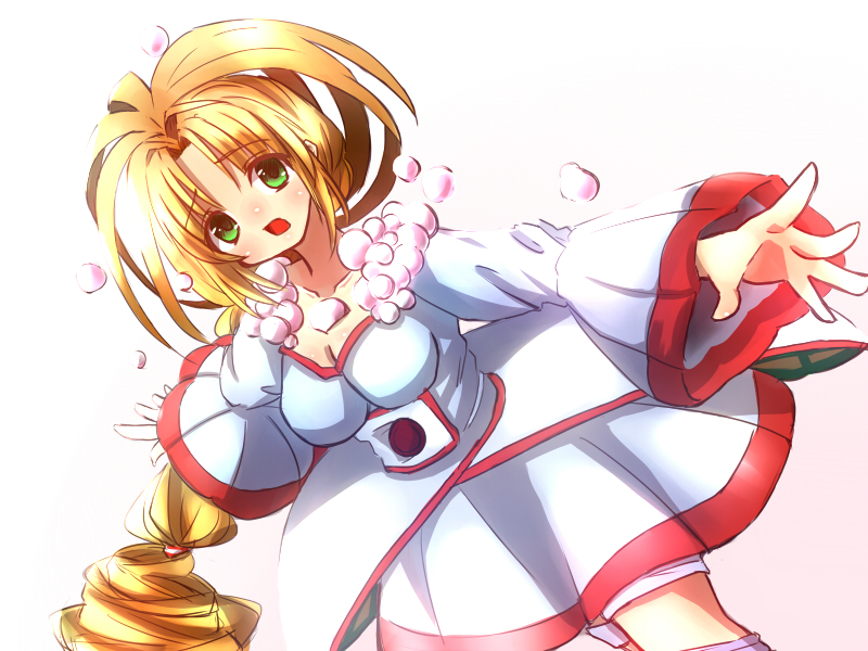 1girl, antenna_hair, blonde_hair, blue_dress, blue_eyes, breasts, brooch, cleavage