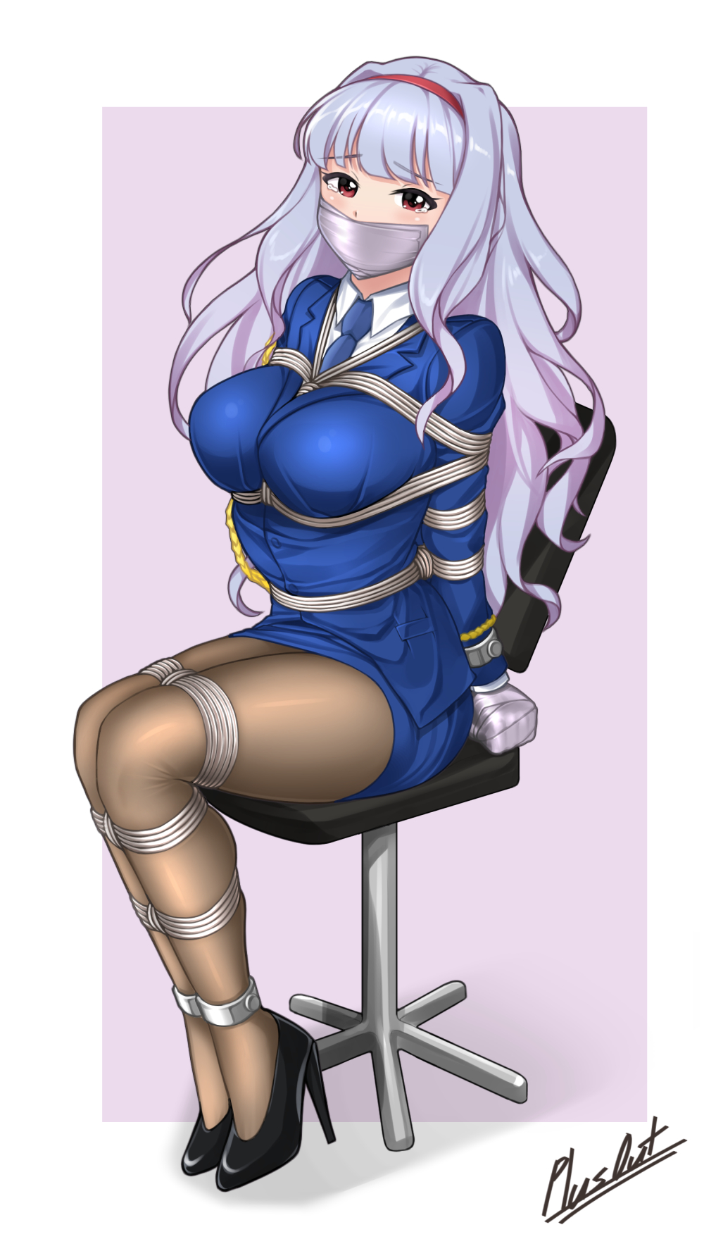 1girl, bdsm, bondage, bound, breast_bondage, breasts, chair, cuffs
