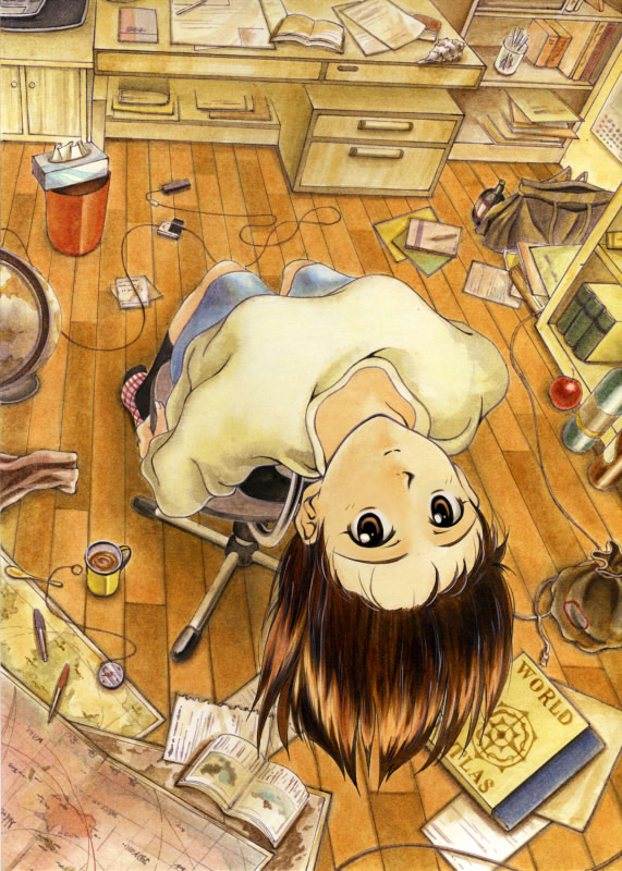 brown_eyes, brown_hair, chair, cup, desk, globe, map, mug