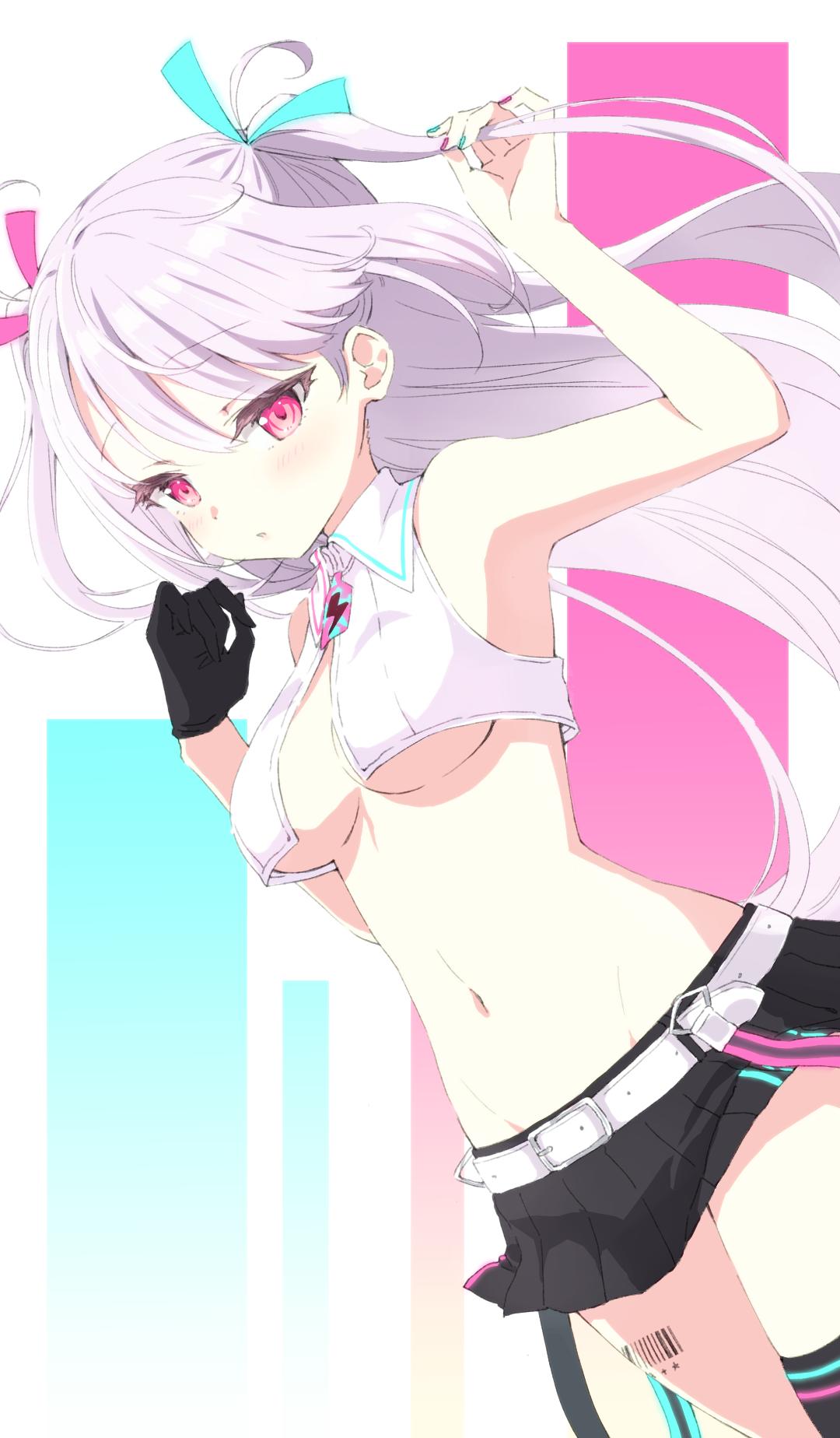 1girl, aqua_nails, arm_up, armpits, artist_request, barcode_tattoo, bare_arms, bare_shoulders