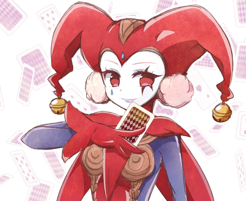 1girl, ;), aqua_legwear, arm_up, bell, blush, bodysuit, breasts, card, chrono_cross, close-up, closed_mouth, cowboy_shot, facepaint, facing_viewer, forehead_jewel, fur_trim, gem, gloves, green_legwear, harem_pants, harlequin, hat, jester, jester_cap, jewelry, joker, jumping, knees_up, leaning_back, leotard, lips, lipstick, looking_at_viewer, makeup, nose, ntapopo, one_eye_closed, outstretched_arms, pants, pantyhose, petite, playing_card, pointy_shoes, pom_pom_(clothes), profile, red_eyes, red_footwear, red_gloves, red_leotard, see-through, shoes, simple_background, sketch, skin_tight, small_breasts, smile, solo, standing, tassel, tongue, tsukuyomi_(chrono_cross), upper_body, white_legwear