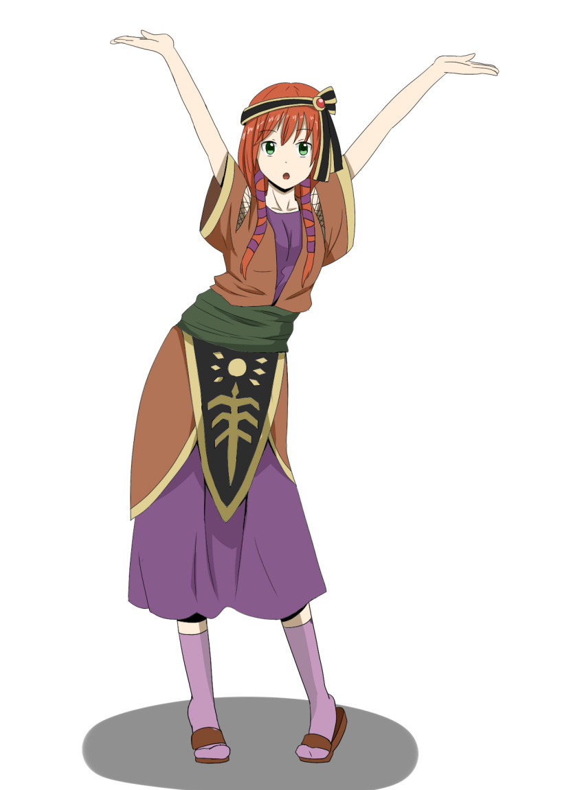 1girl, bangs, bare_arms, blue_sash, blush, breasts, chrono_cross, cleavage, clenched_hands, closed_eyes, dress, facing_another, fantasy, full_body, furrowed_eyebrows, gem, green_eyes, hair_ornament, hair_ribbon, hairband, hetero, highres, jewelry, lifted_by_another, long_hair, looking_at_viewer, medium_breasts, orange_hair, purple_ribbon, redhead, rena_(chrono_cross), ribbon, sidelocks, simple_background, sketch, skirt, skirt_lift, smile, solo, solo_focus, straight_hair, swept_bangs, thin_(suzuneya), white_background, wrists_extended