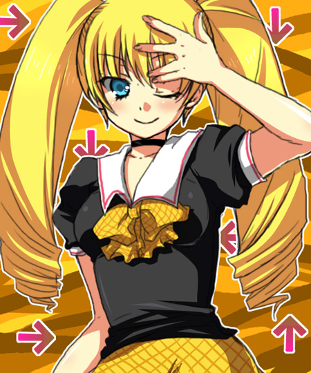 alternate_costume, beatmania, blonde_hair, blue_eyes, choker, dance_dance_revolution, ddr, directional_arrow