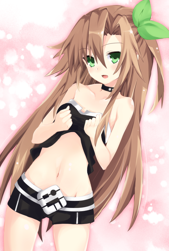 1girl, bare_shoulders, black_shorts, black_tubetop, blush, brown_hair, commentary_request, cowboy_shot