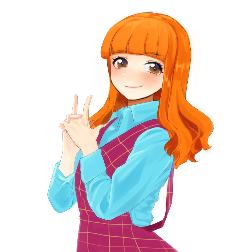 1girl, apron, bangs, blue_shirt, blush, casual, closed_mouth, collared_shirt