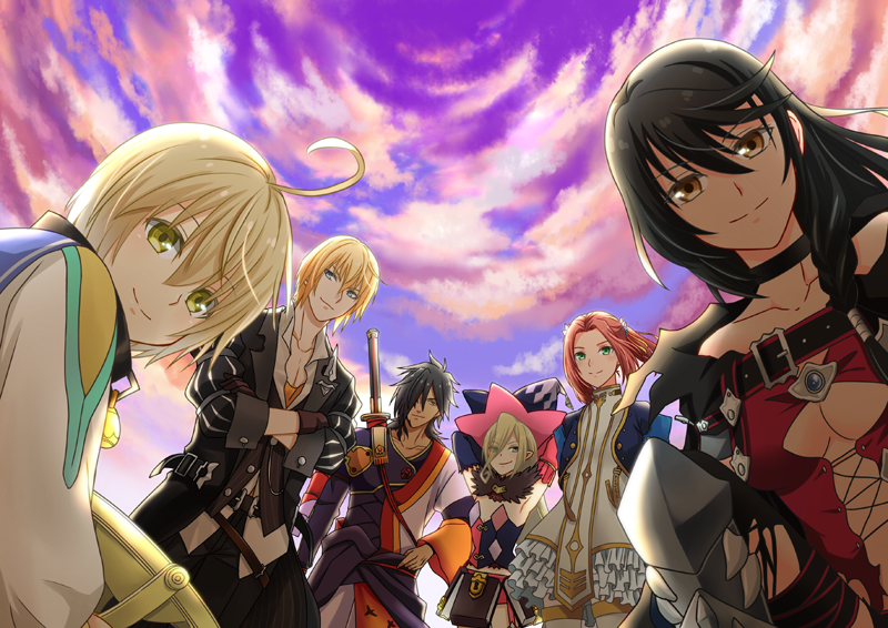 3boys, 3girls, ahoge, armor, armpits, asymmetrical_sleeves, black_gloves, black_hair