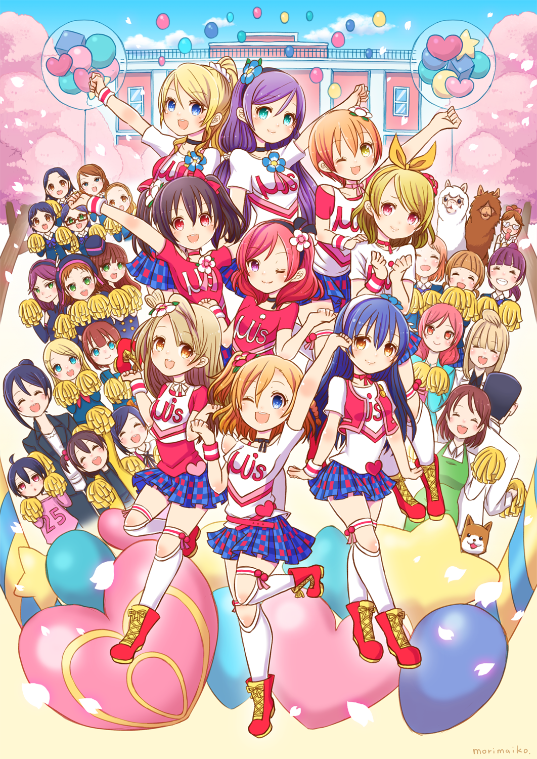 2boys, 6+girls, :d, ;d, \o/, ^_^, ahoge, alpaca