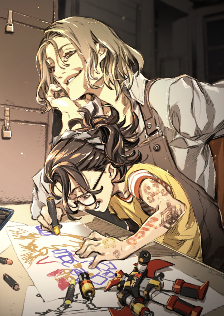 1boy, 1girl, arm_tattoo, black_hair, character_request, commentary_request, crayon, devil_may_cry
